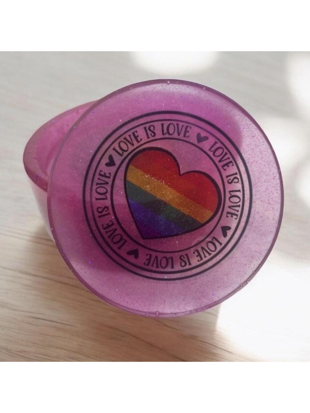 4 Pink glitter PRIDE resin coasters with rainbow heart & 'LOVE IS LOVE' text